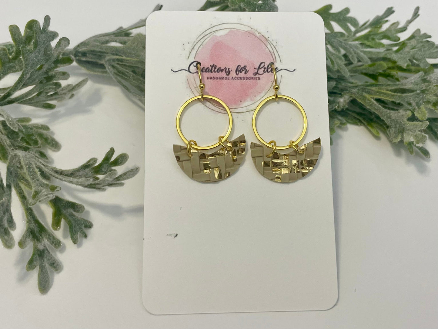 Leatherette Earrings - Beige & Gold Basket Weave - Minis
