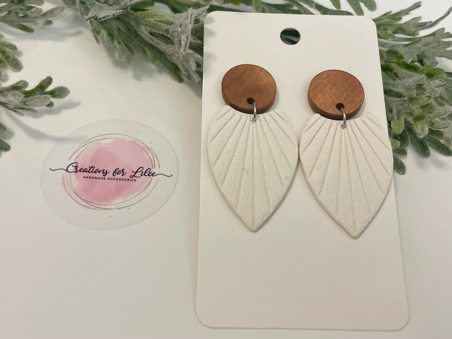 Clay Earrings - White Sunburst & Wood Earrings