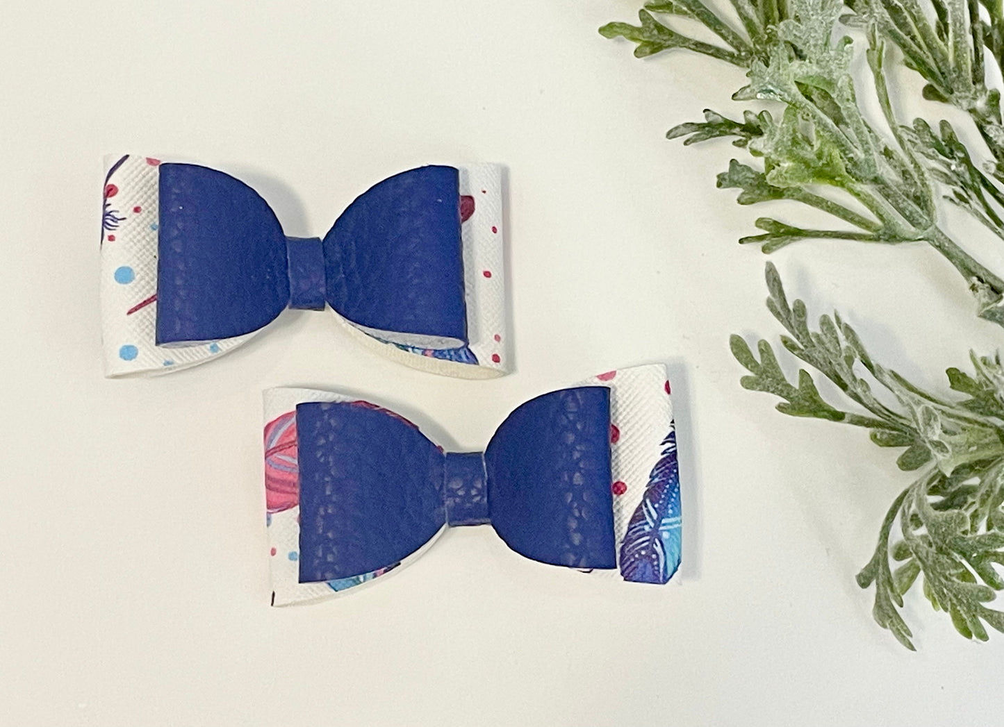 2-Layer Pigtail Bows - Blue & Feathers