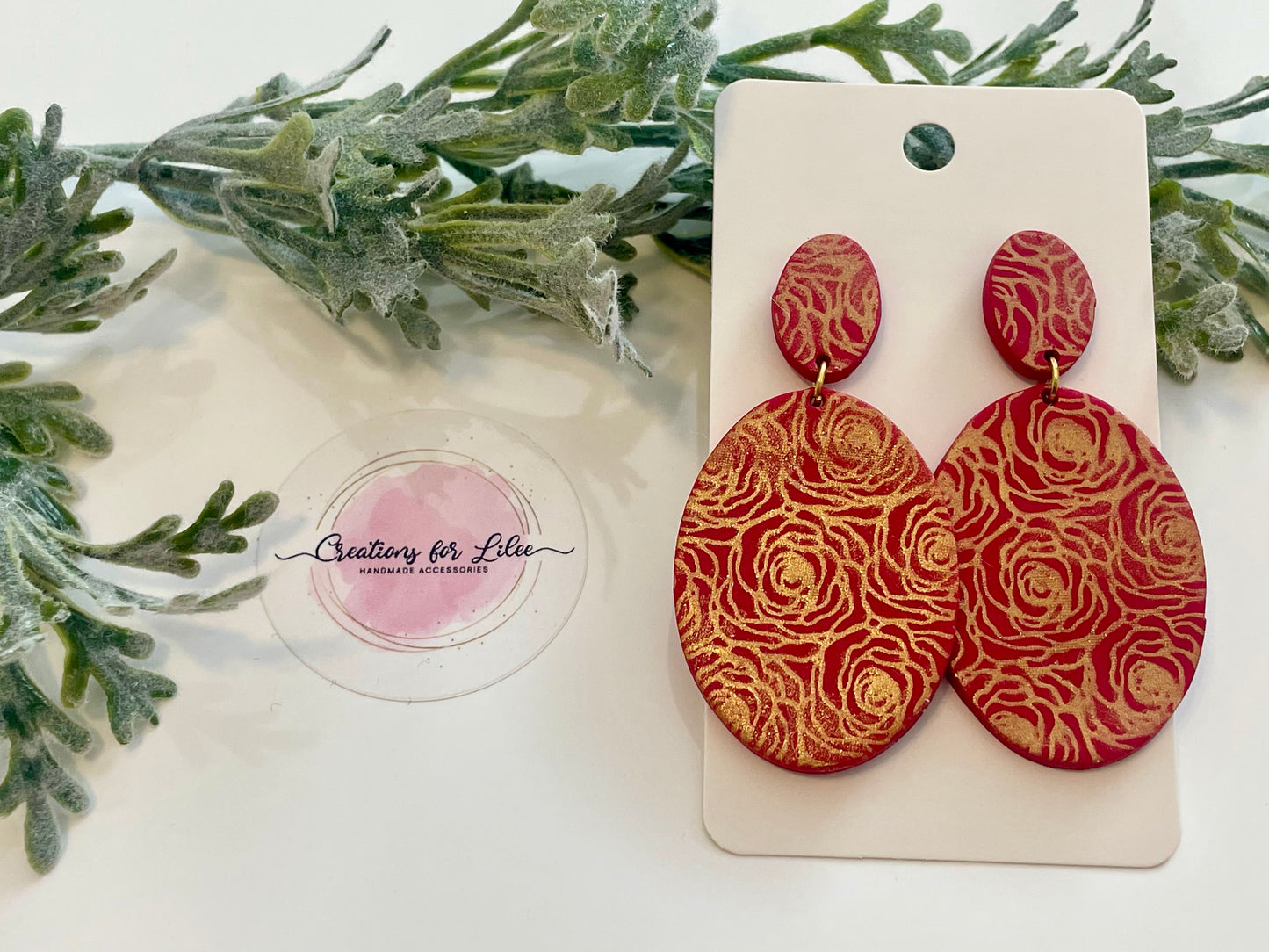 Clay Earrings - Red & Gold Rose Earrings