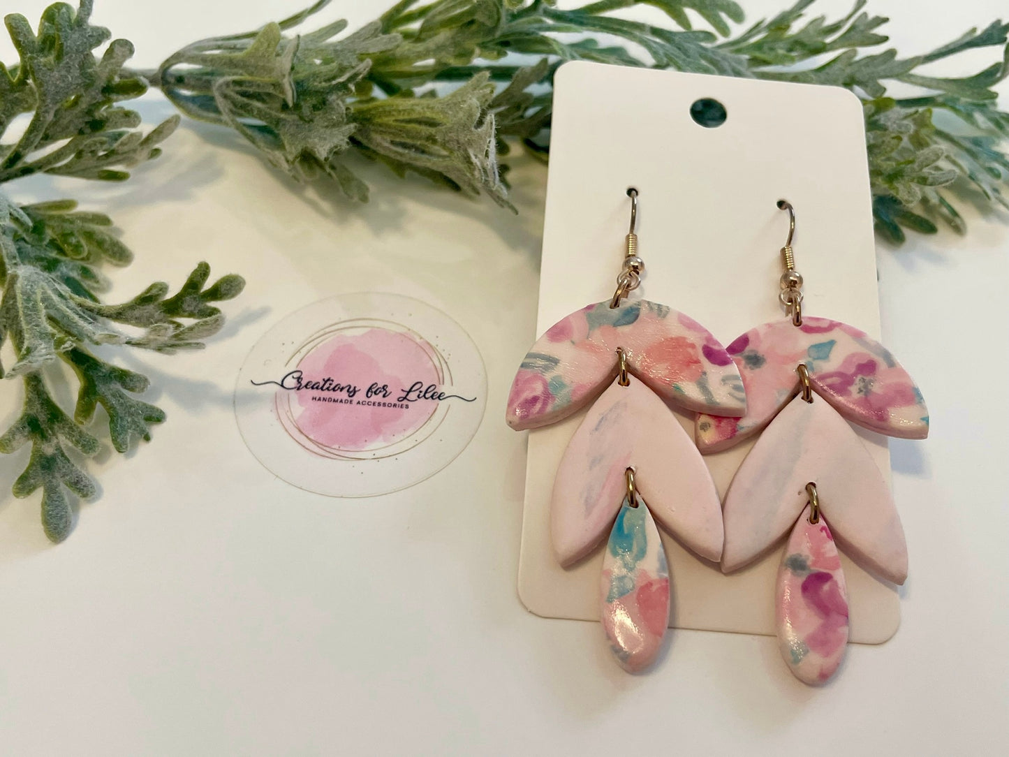 Clay Earrings - Pink Watercolor Floral Cascade Leaf Earrings