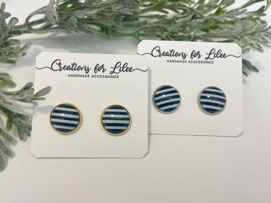 Glass Cabochon Stud Earrings - Black & White Stripes