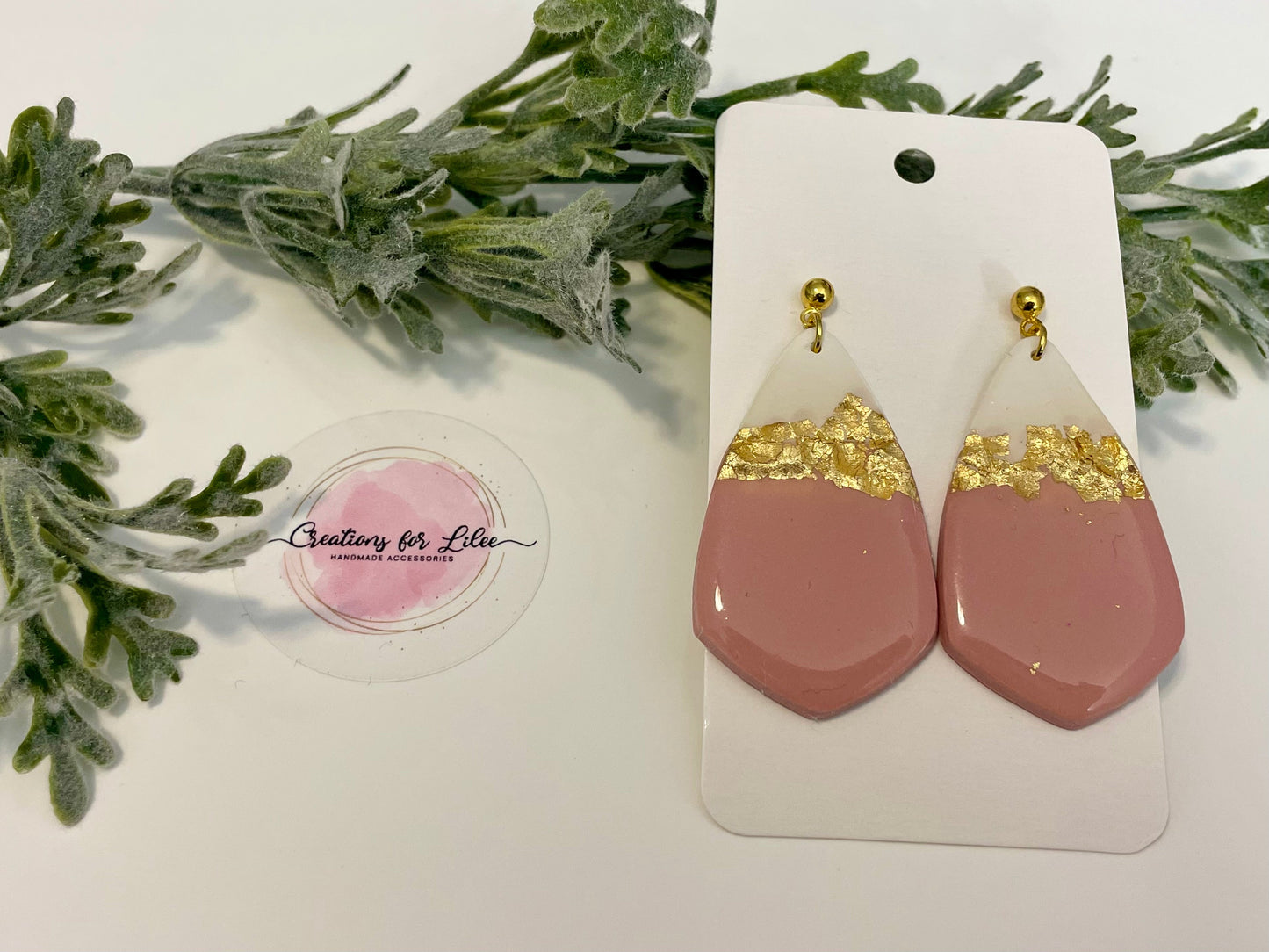 Clay Earrings - Pink & Gold Leaf Earrings