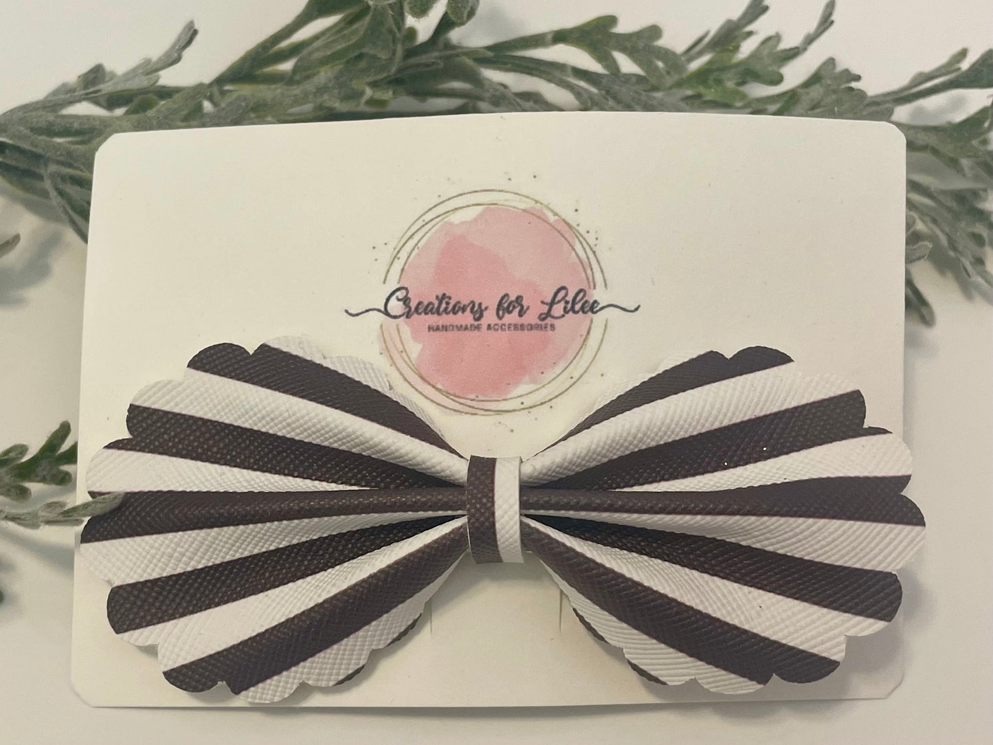 Rounded Bowtie Hair Bow with Scalloped Edges - Black & White Stripes