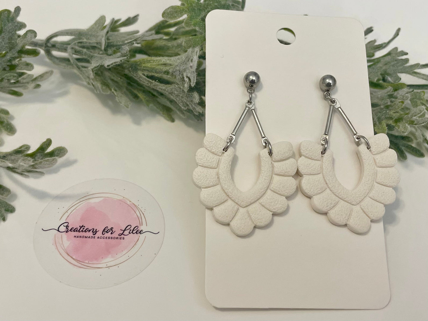 Clay Earrings - White Scalloped Arch Earrings