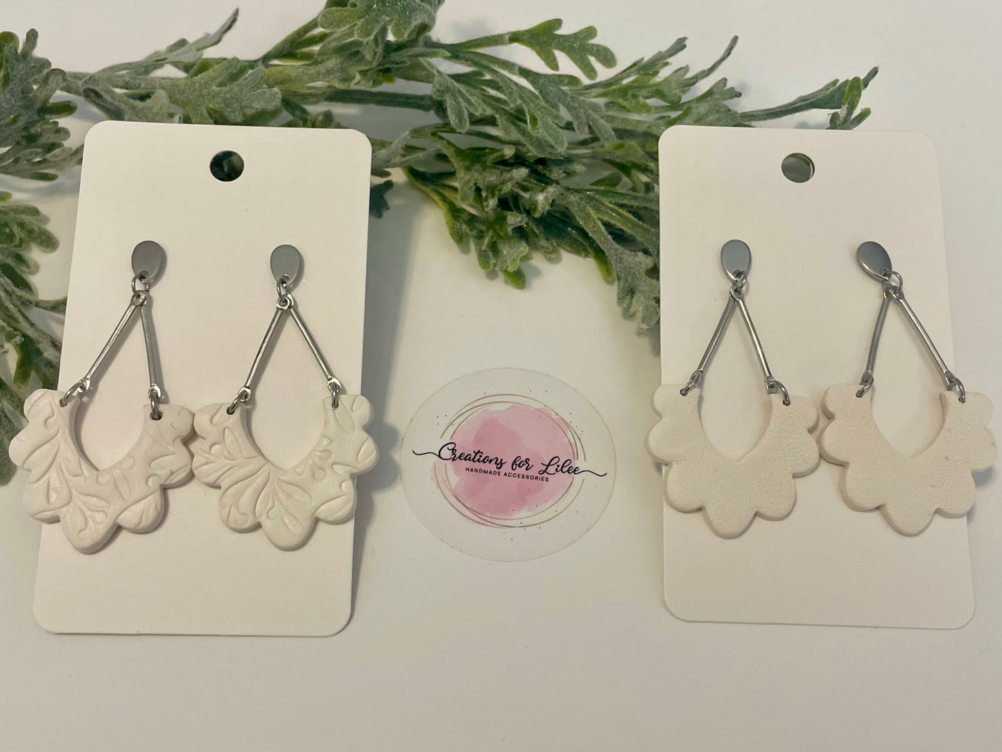 Clay Earrings - White Scalloped Arch Earrings