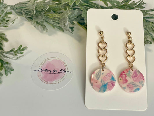 Clay Earrings - Pink Watercolor Floral & Hearts