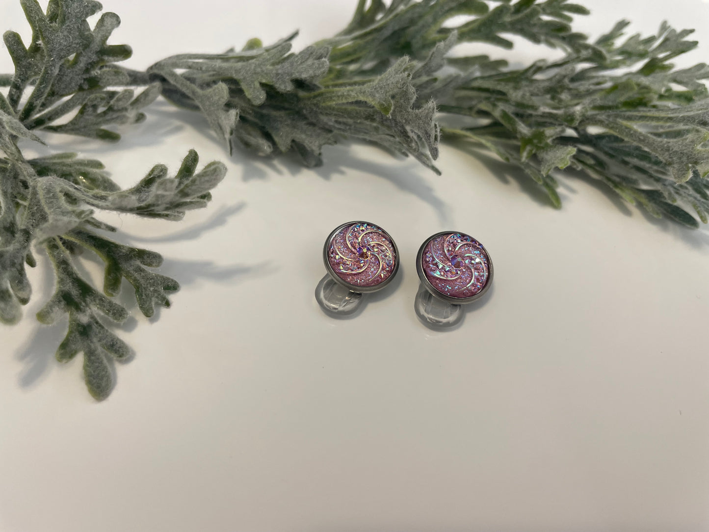 Sparkly Pink Swirl Resin Clip On Earrings