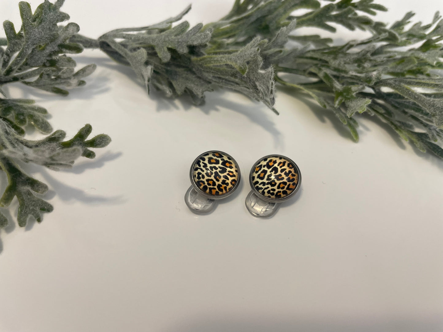 Glass Cabochon Clip On Earrings - Leopard