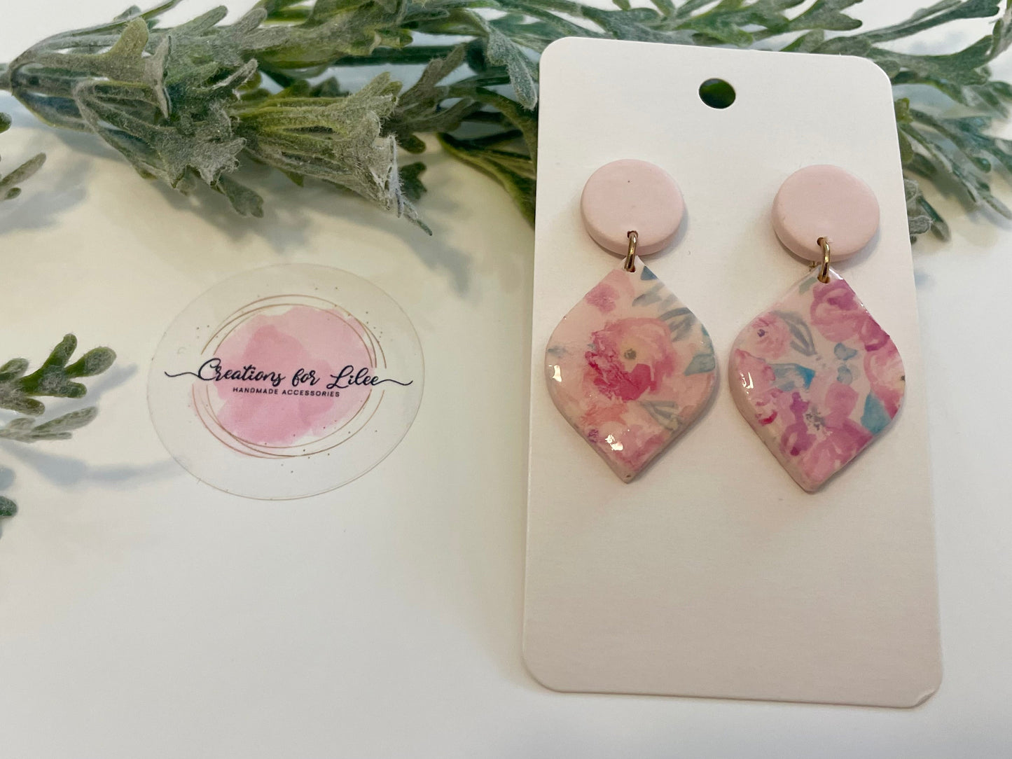 Clay Earrings - Pink Watercolor Floral Earrings