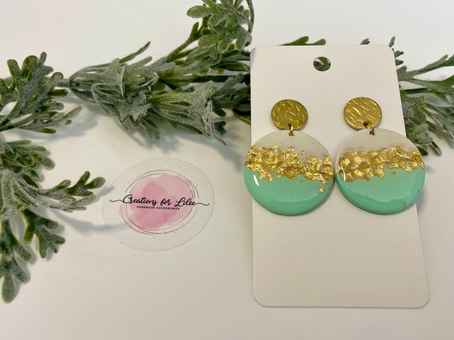 Clay Earrings - Teal & Gold Leaf Earrings