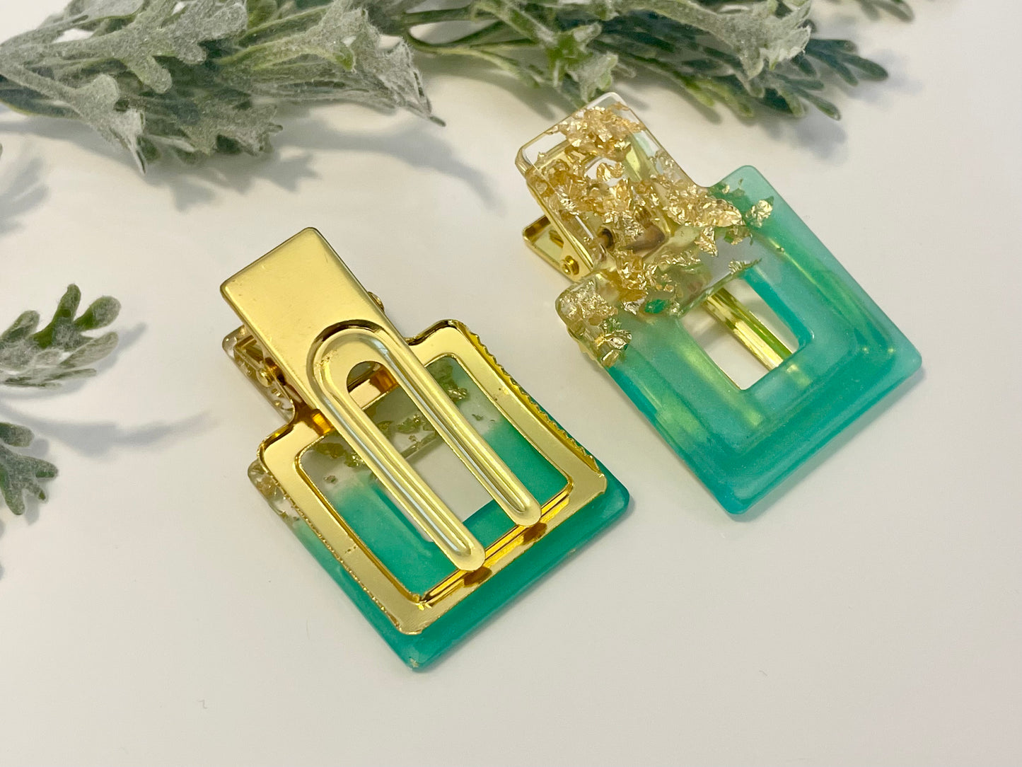 Resin Hair Clips - Square Green & Gold