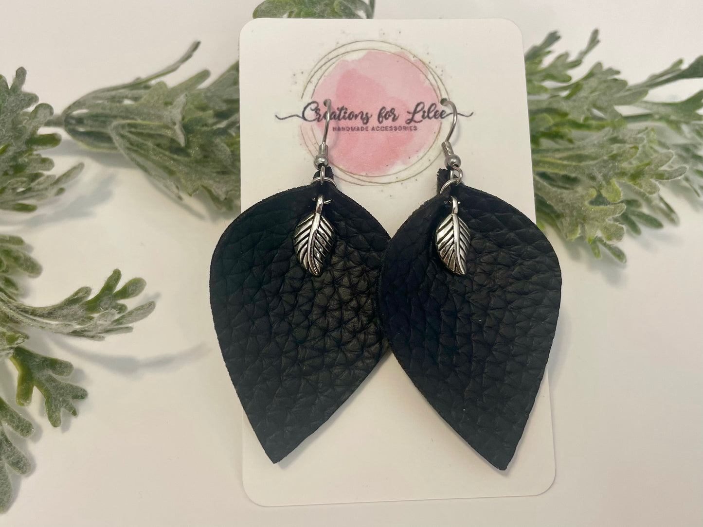 Leatherette Earrings - Black with Small Leaf