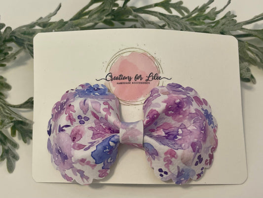 Rounded Bowtie Hair Bow with Scalloped Edges - Purple Watercolor Floral