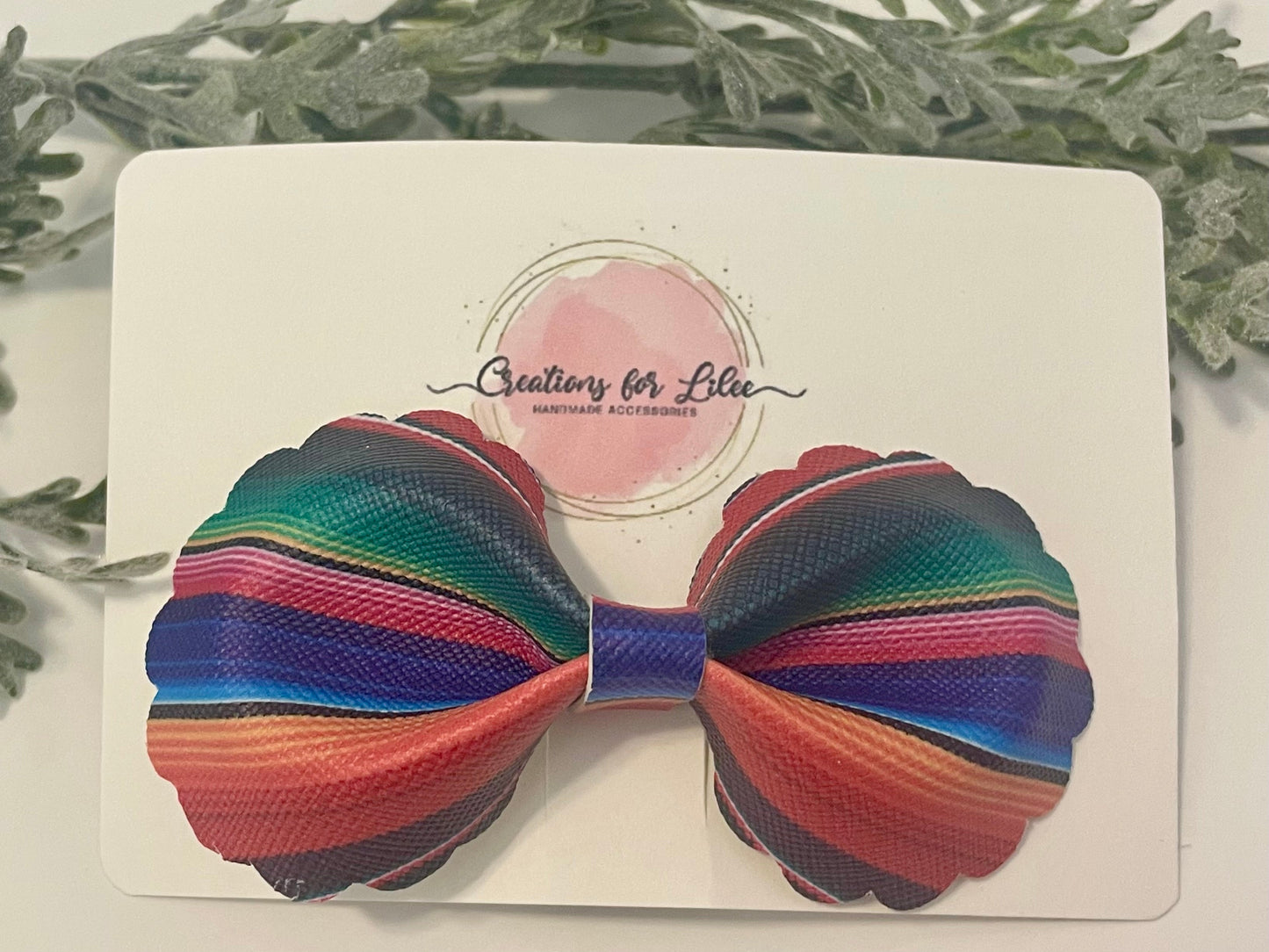 Rounded Bowtie Hair Bow with Scalloped Edges - Colorful Stripes