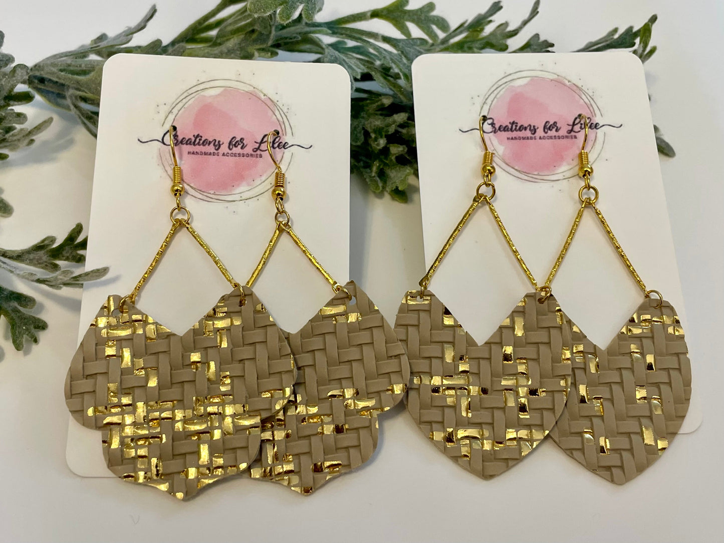 Leatherette Earrings - Beige & Gold Basket Weave