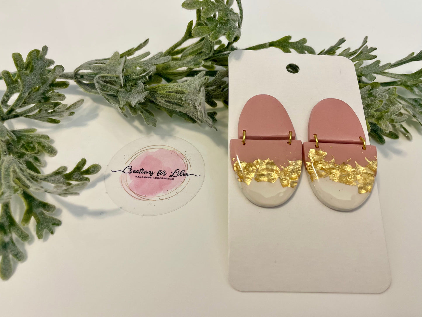 Clay Earrings - Pink & Gold Leaf Earrings