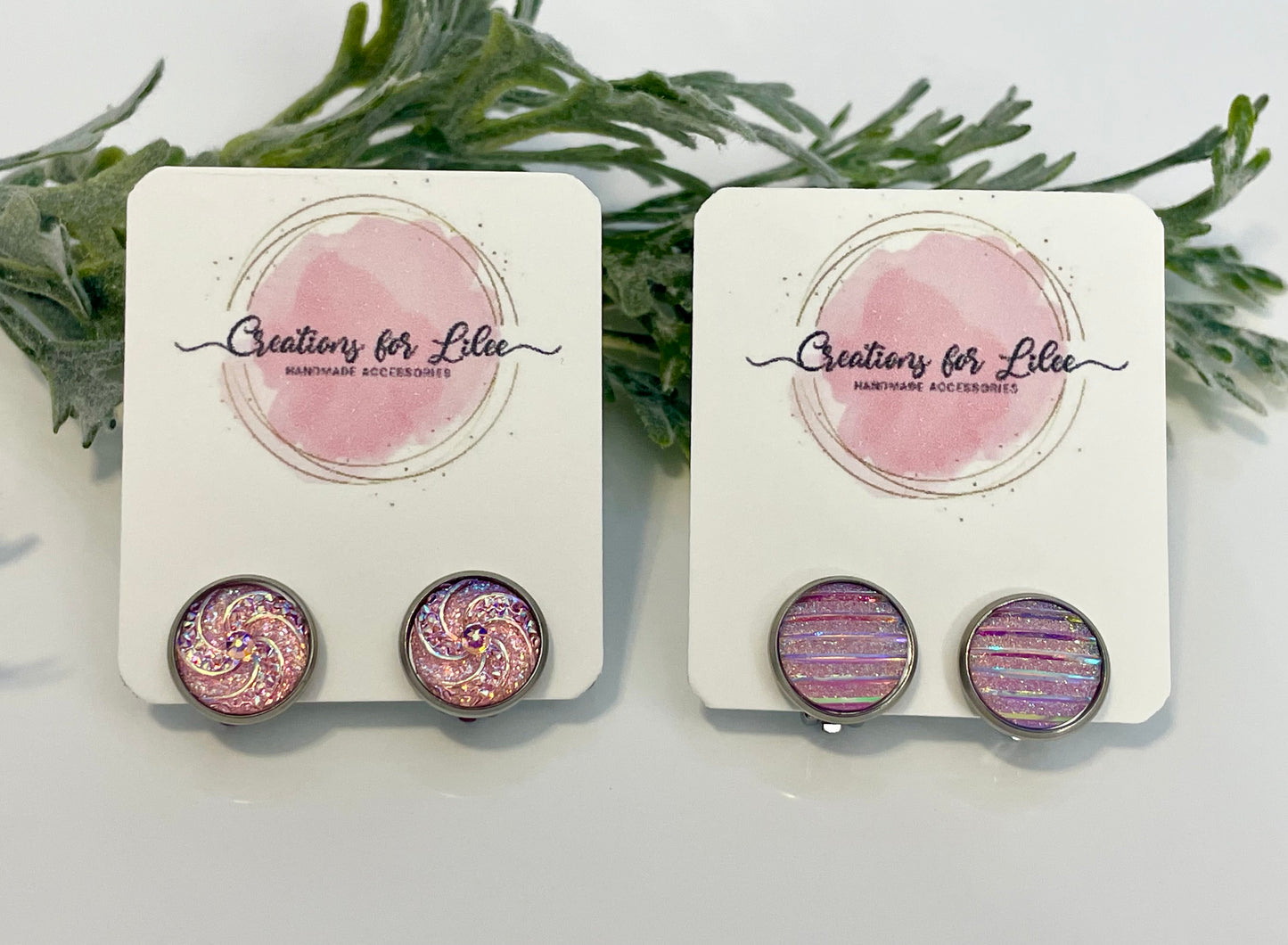 Sparkly Pink Swirl Resin Clip On Earrings