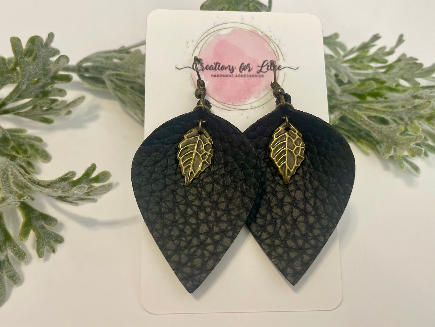 Leatherette Earrings - Black with Leaves