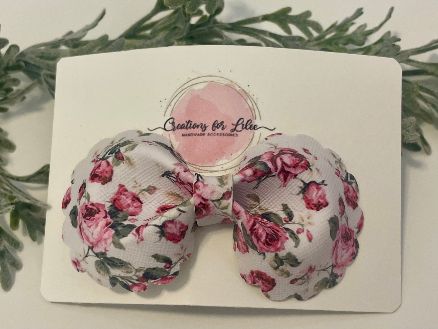 Rounded Bowtie Hair Bow with Scalloped Edges - Pink & Green Floral