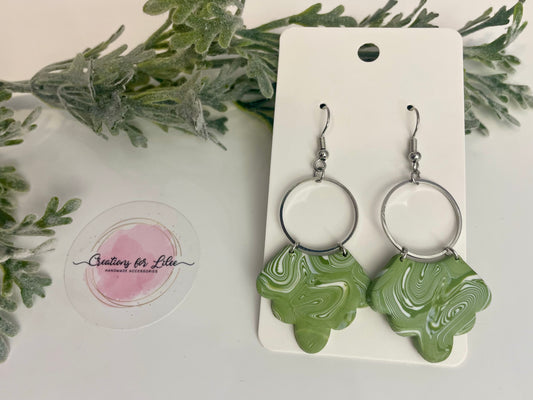 Clay Earrings - Green & White Swirl Earrings