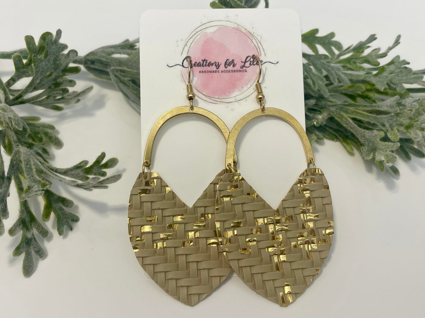 Leatherette Earrings - Beige & Gold Basket Weave