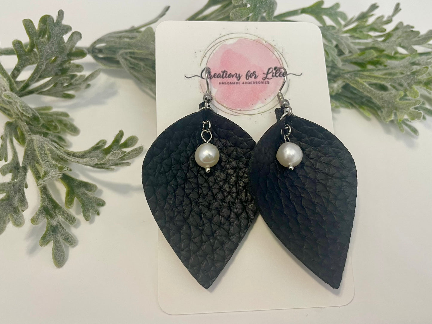 Leatherette Earrings - Black with Freshwater Pearl