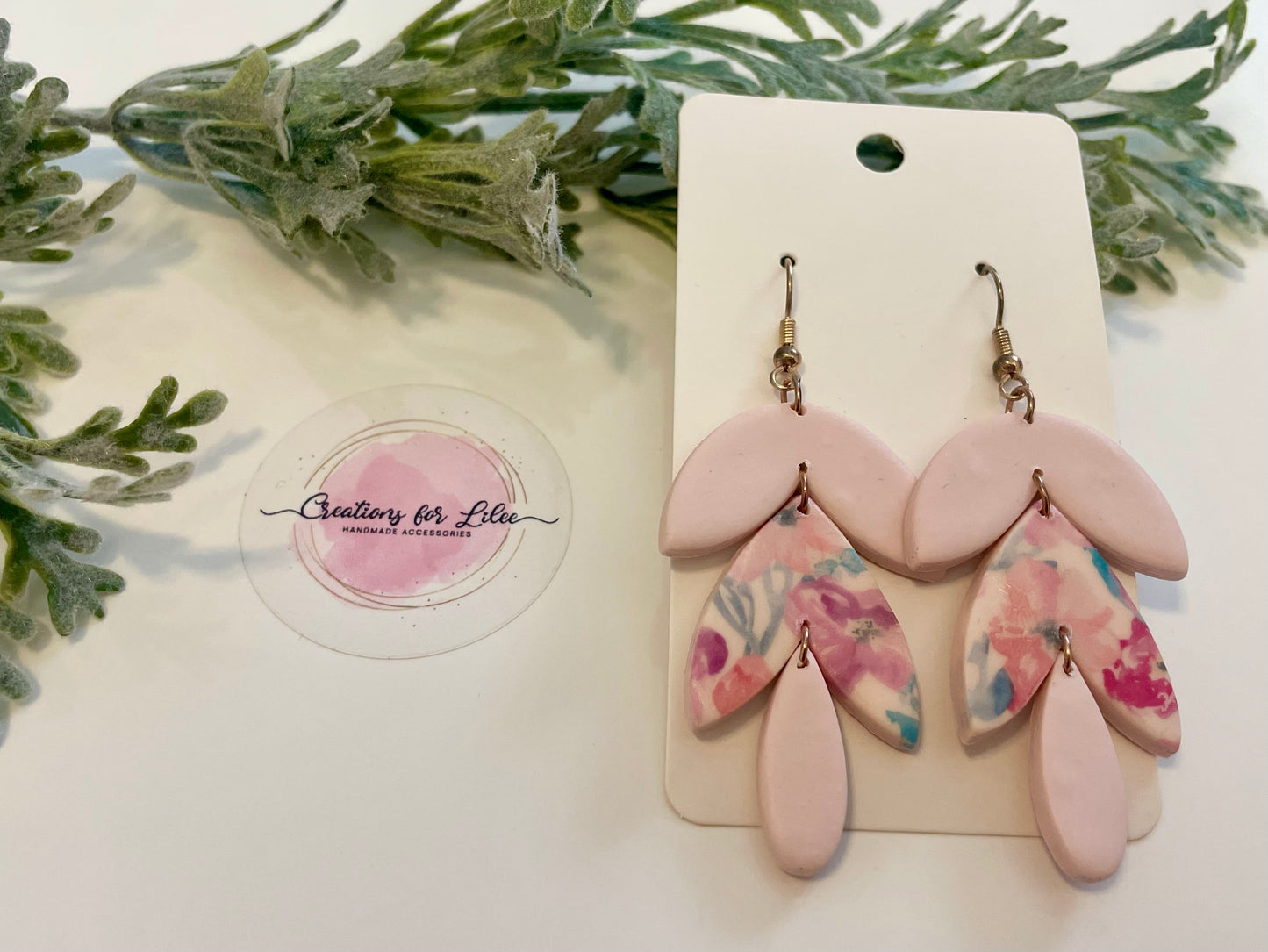 Clay Earrings - Pink Watercolor Floral Cascade Leaf Earrings