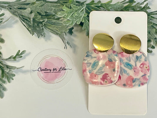 Clay Earrings - Pink Watercolor Floral Earrings