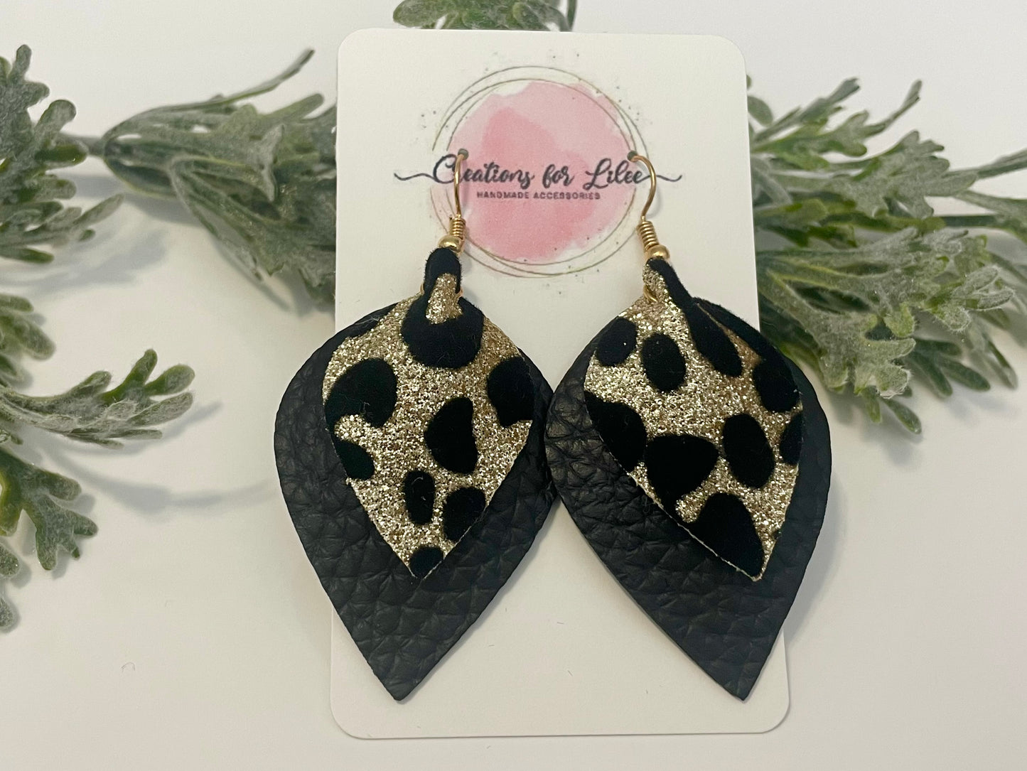 Leatherette Earrings - Black & Gold Leopard