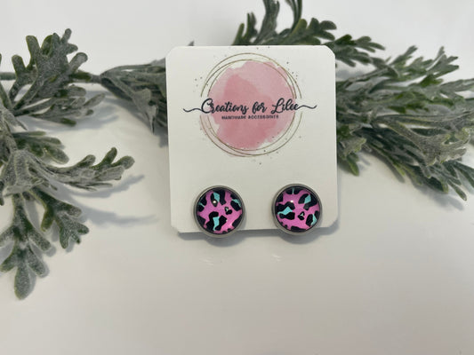 Glass Cabochon Clip On Earrings - Pink with Teal Leopard