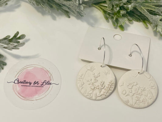 Clay Earrings - White Floral Circle Hoops