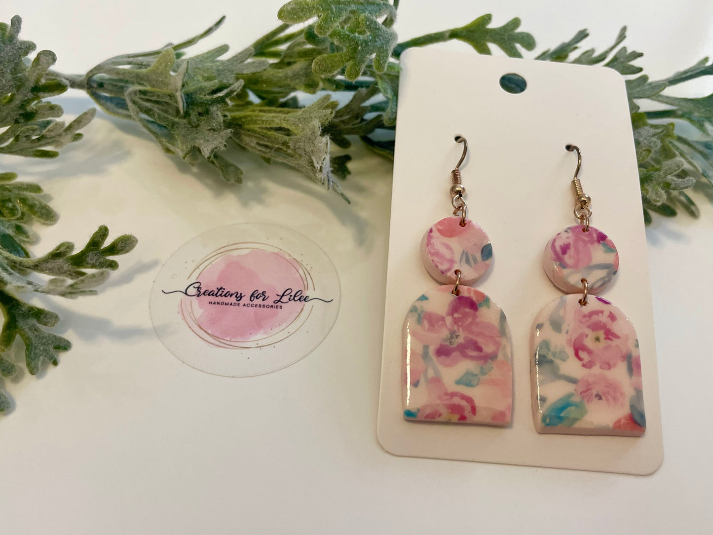 Clay Earrings - Pink Watercolor Floral Earrings