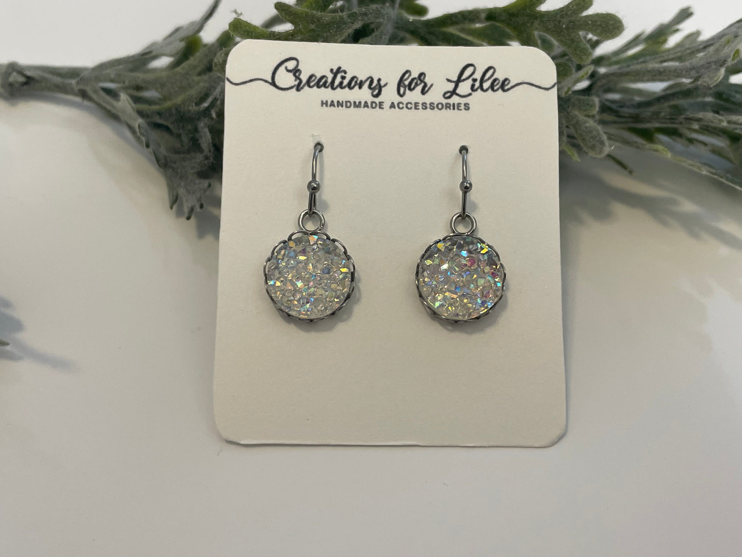 Druzy Dangle Earrings w/ Edge Detailing - Iridescent, Moonstone & Black