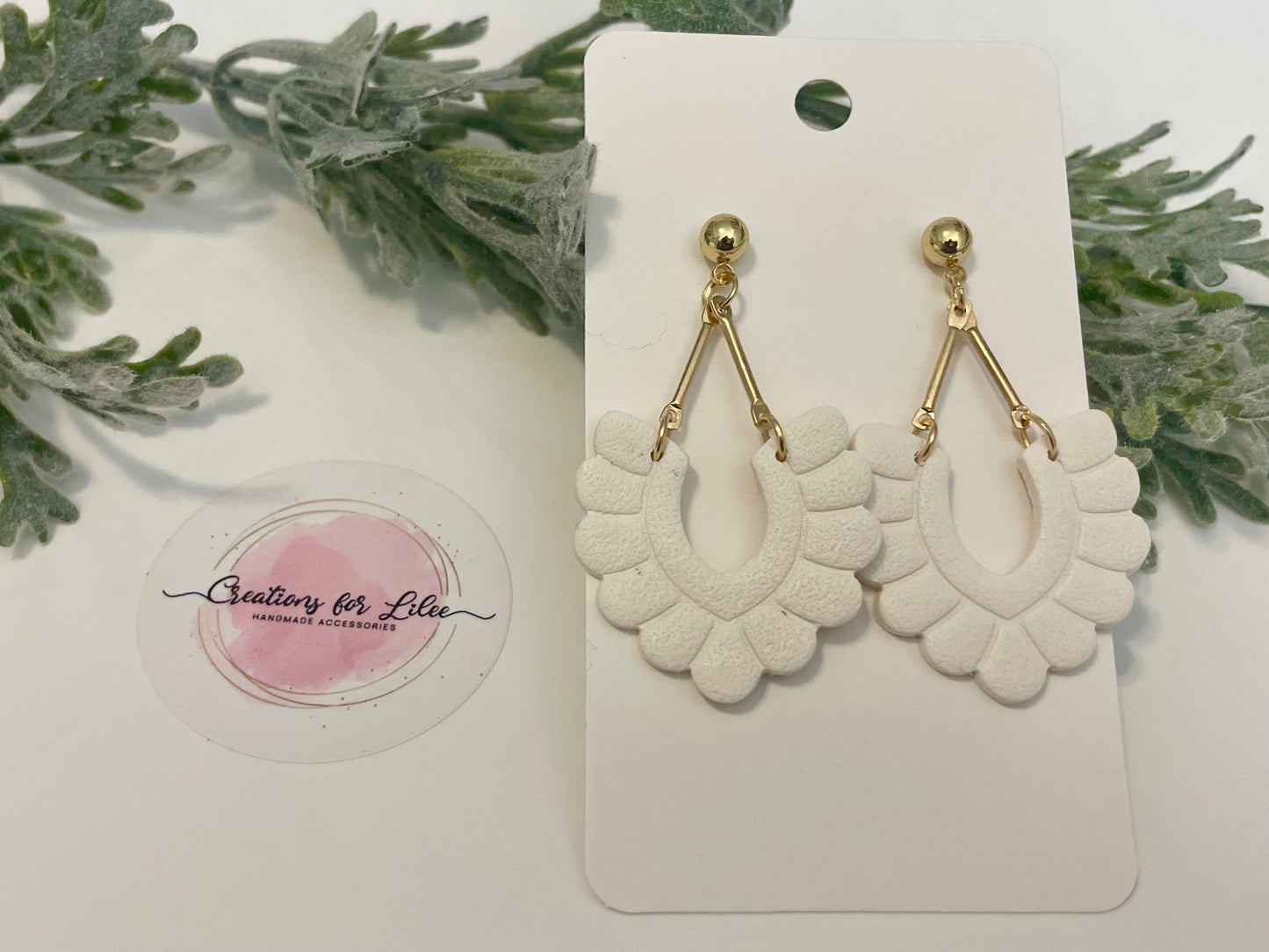 Clay Earrings - White Scalloped Arch Earrings