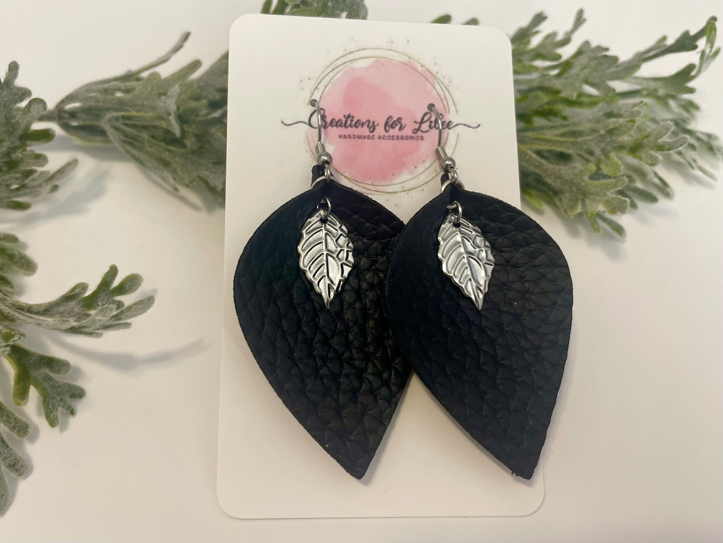 Leatherette Earrings - Black with Leaves