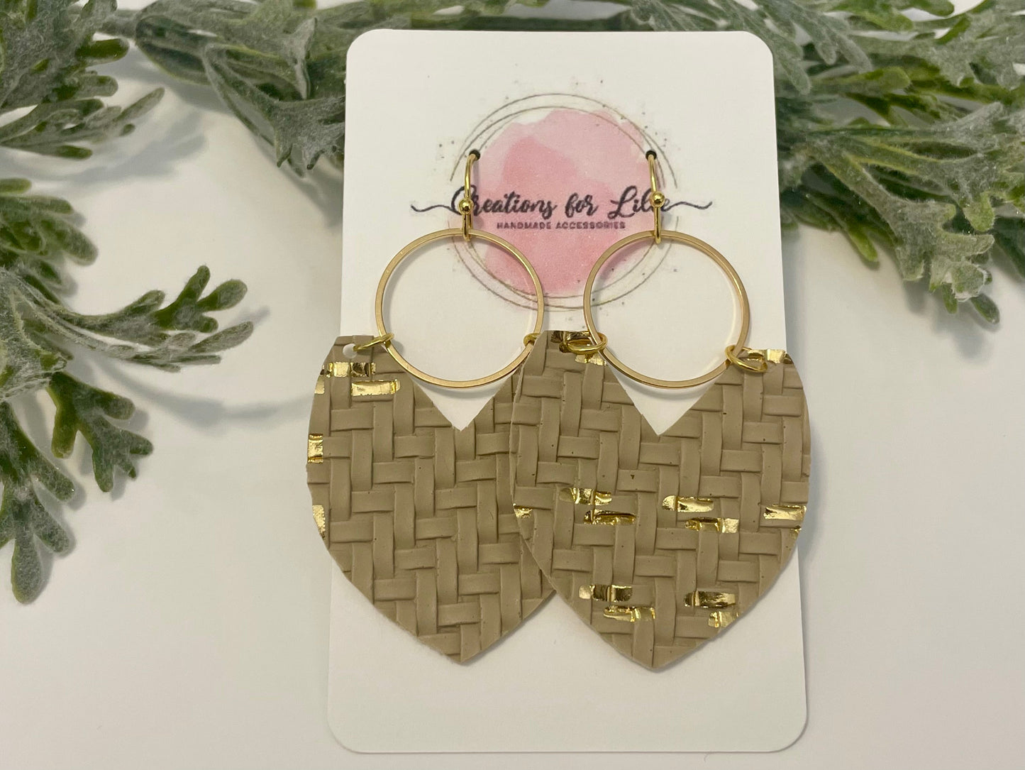 Leatherette Earrings - Beige & Gold Basket Weave