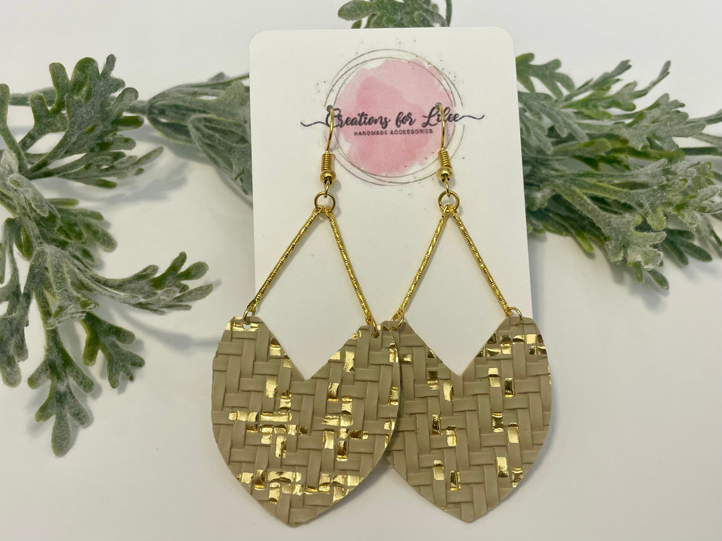 Leatherette Earrings - Beige & Gold Basket Weave