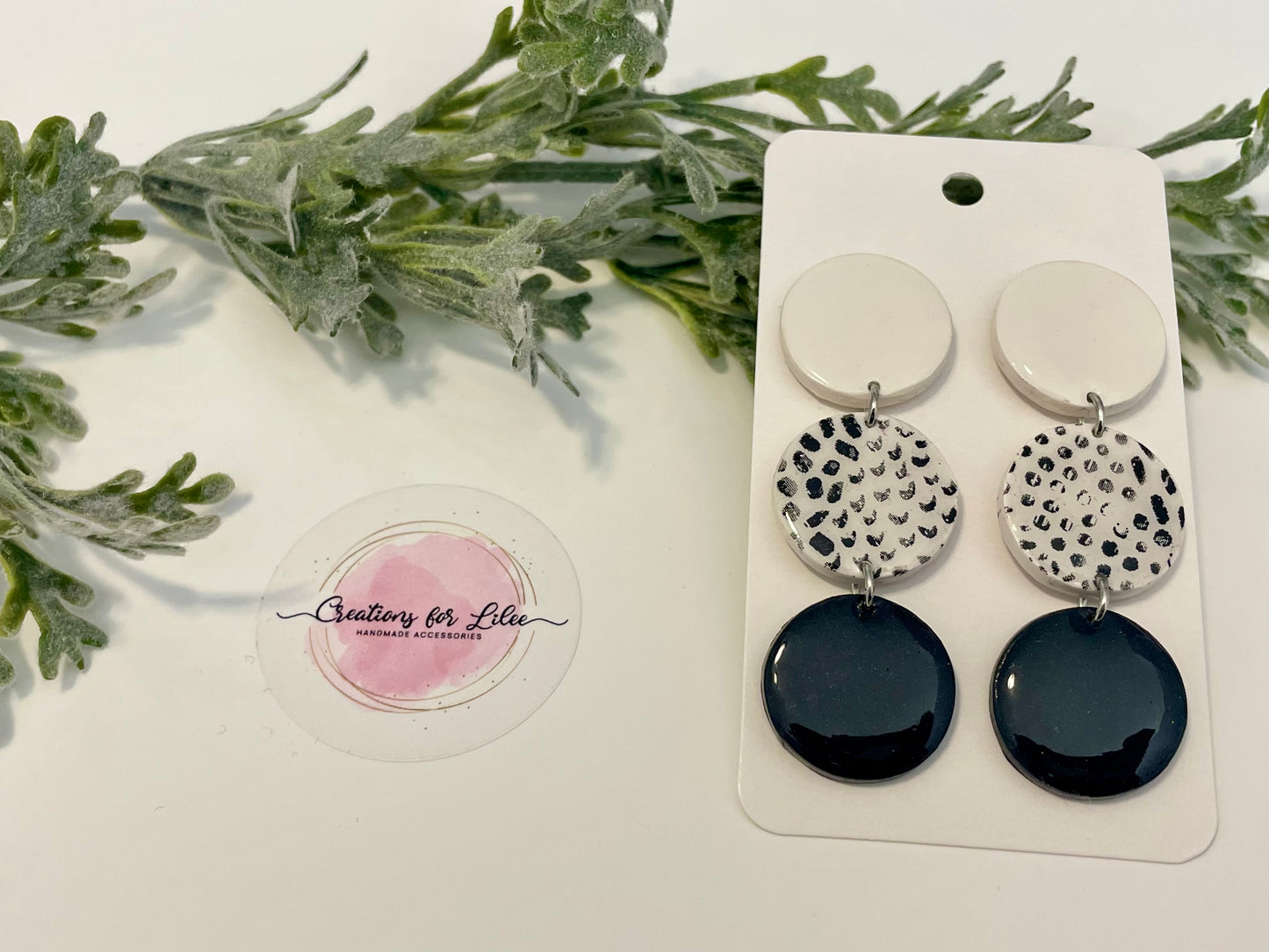 Clay Earrings - White & Black Circle Dangle Earrings