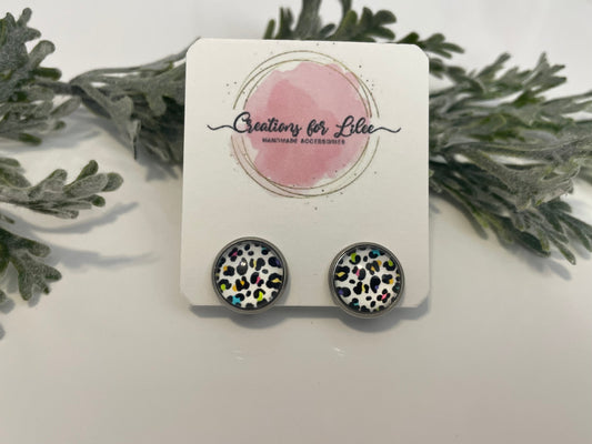 Glass Cabochon Clip On Earrings - Colorful Leopard