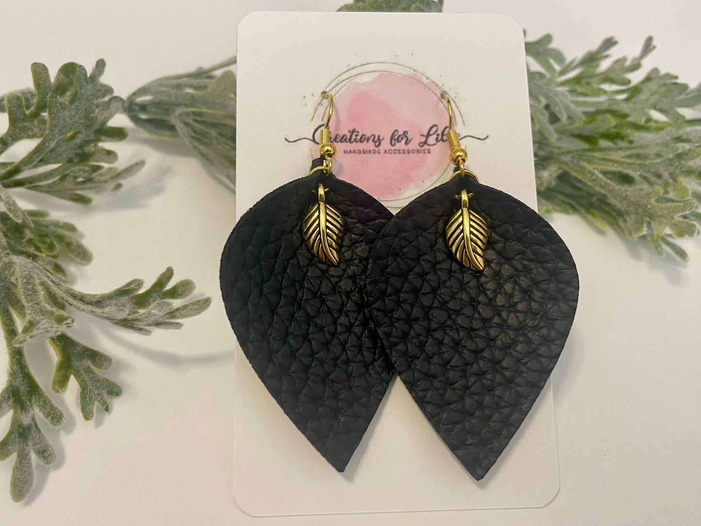 Leatherette Earrings - Black with Small Leaf