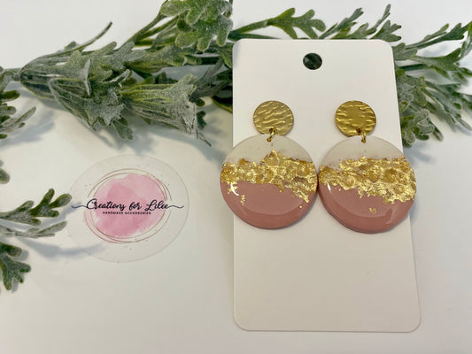 Clay Earrings - Pink & Gold Leaf Earrings