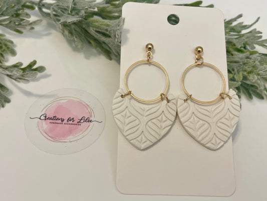 Clay Earrings - White Textured Leaf Earrings