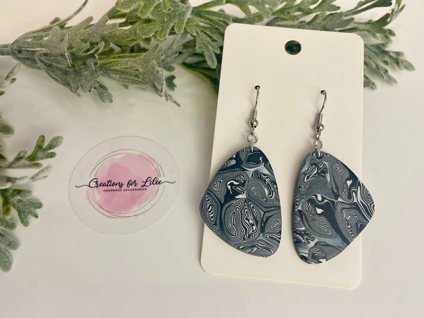 Clay Earrings - Black & White Swirl Earrings