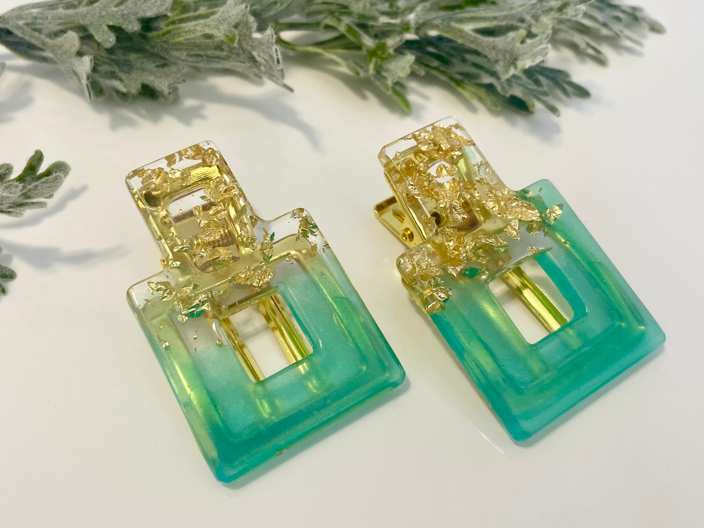 Resin Hair Clips - Square Green & Gold