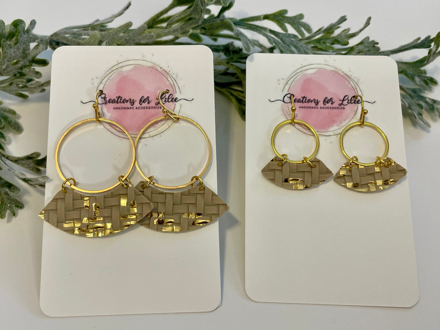 Leatherette Earrings - Beige & Gold Basket Weave