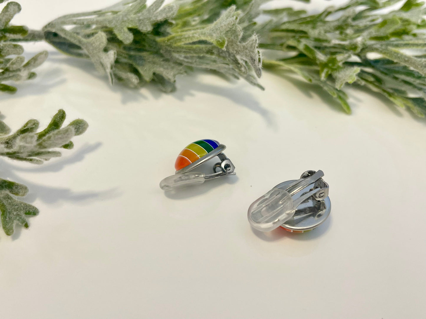 Glass Cabochon Clip On Earrings - Rainbow