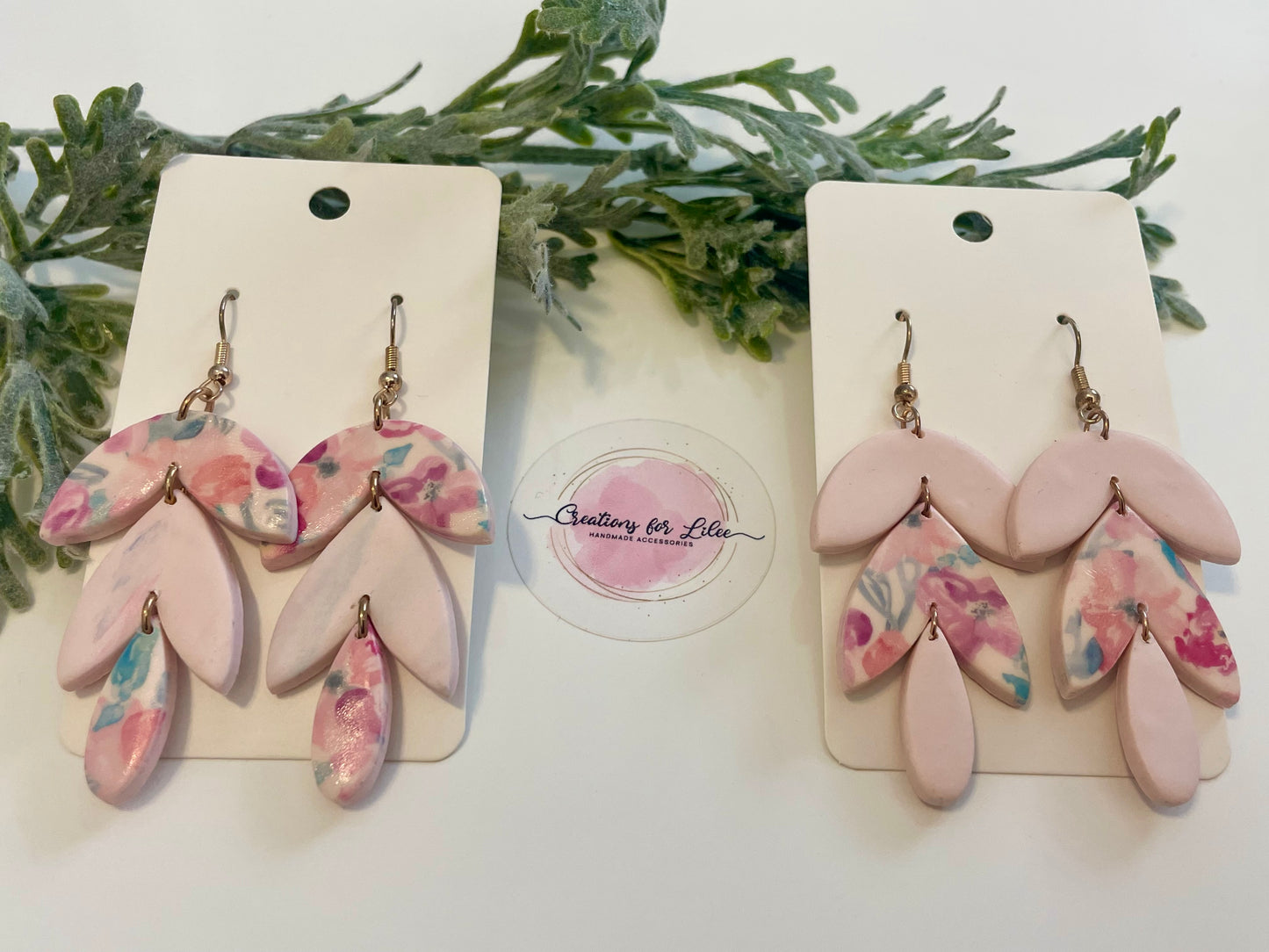 Clay Earrings - Pink Watercolor Floral Cascade Leaf Earrings