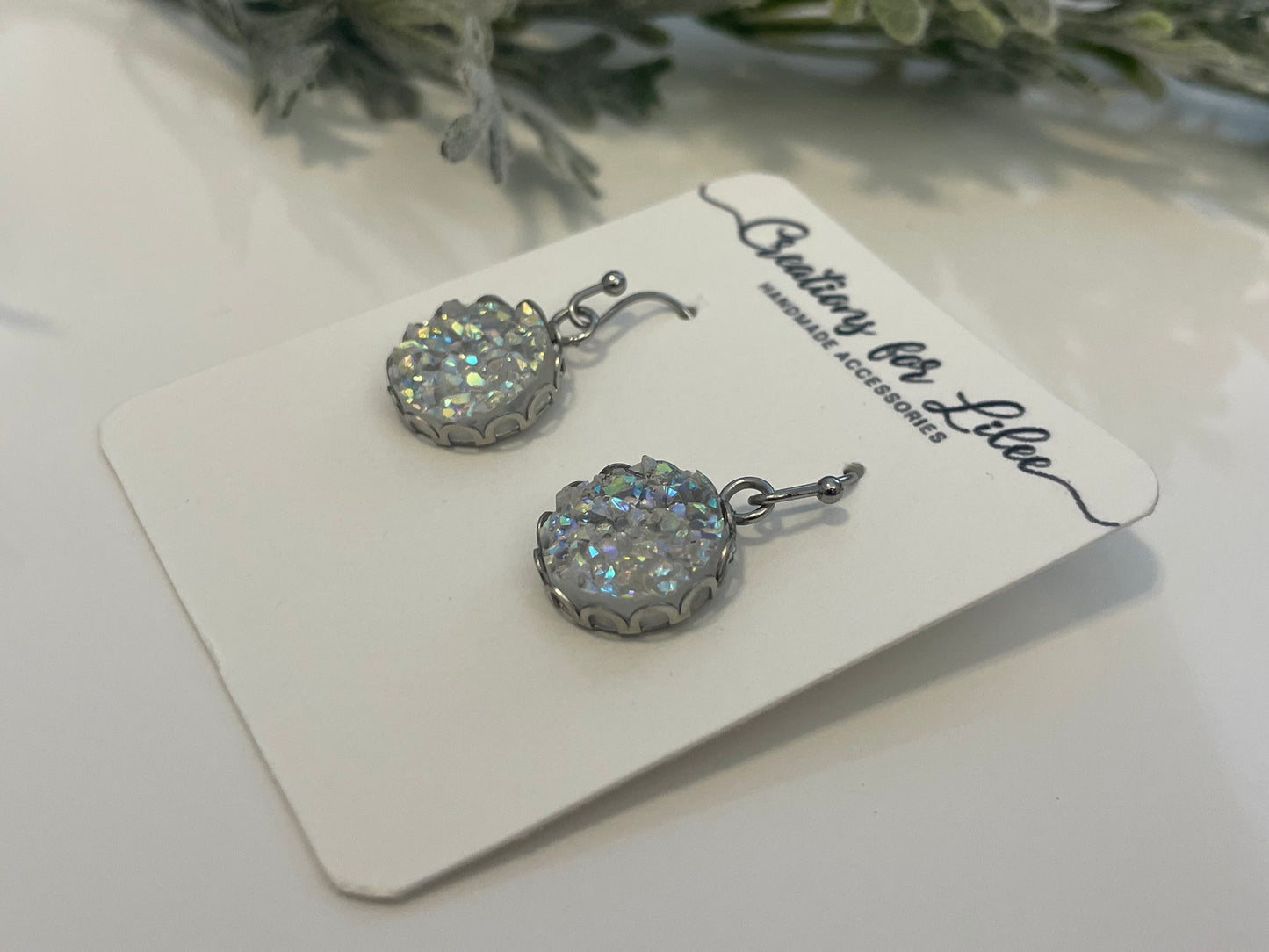 Druzy Dangle Earrings w/ Edge Detailing - Iridescent, Moonstone & Black