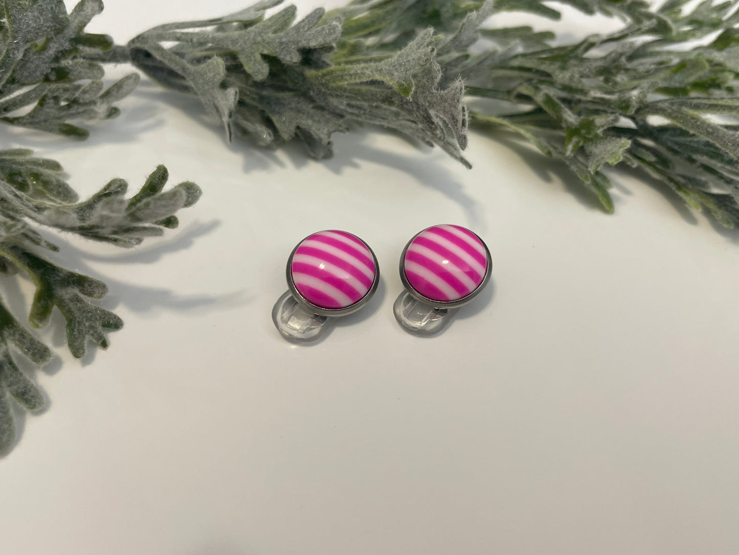 Glass Cabochon Clip On Earrings - Pink & White Stripes